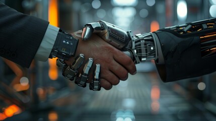 Fototapete - Using machine learnings and stock to create the fourth industrial revolution while shaking hands with a digital partner.