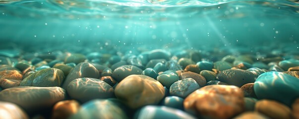 Crystal Clear Water Over Smooth River Rocks A Breathtaking View of Nature's Beauty, Capturing the Essence of Serenity and Tranquility This Underwater Scene Showcases the Dynamic Light Play as