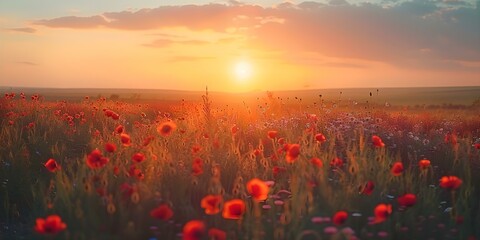 Wall Mural - Ukrainian Sunset Wildflowers and Poppies in Summertime. Concept Ukrainian Sunset, Wildflowers, Poppies, Summertime