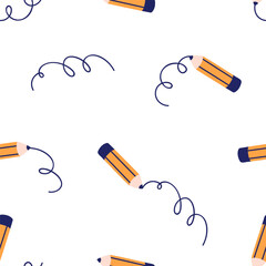 Fototapete - Pencil drawing scribble line, seamless pattern. Endless kids background, repeating school print, doodle texture for wrapping, package, textile and fabric design. Childrens flat vector illustration