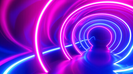 Poster - Futuristic tunnel with vibrant neon lights in pink and blue tones creating a glowing circular path.