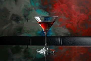 Sticker - Single martini glass with a red cocktail is standing on a reflective surface against a colorful abstract background