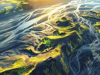 Coastal landscape with mineralised riverbed, drone image taken at landeyjasandur, Sudurland, Iceland, Europe