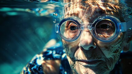 Stock image of an elderly woman swimming underwater with goggles.