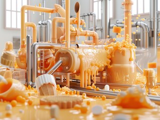 Orange Liquid Overflowing Factory with Confectionery and Piping