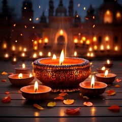 Wall Mural - Happy Diwali Lit diya lamp on street at night. Happy Diwali festival with oil lamp, Diwali holiday Background with rangoli, Diwali celebration greeting