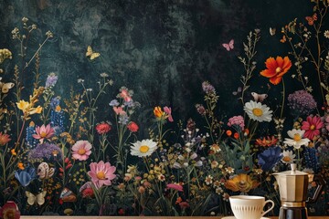 Wall Mural - A dark botanical wall paper print dominates the background of a cafe table