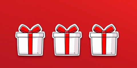 Wall Mural - Three white gift boxes with red ribbons on a vibrant red background.