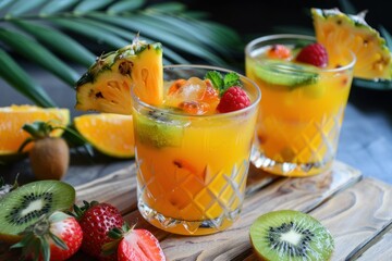 Poster - Refreshing tropical cocktails with fresh fruits and palm leaf decoration