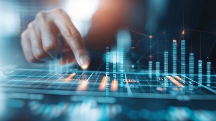 Poster - Detailed shot of an advisor's finger pointing at a key metric on a financial chart, showcasing investment expertise and planning, with ample copyspace.
