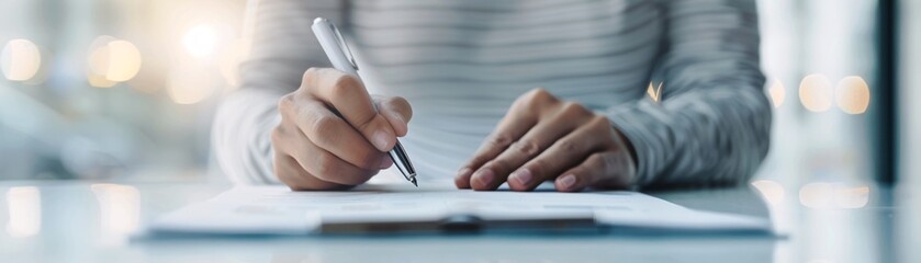 Poster - Close-up of an advisor writing notes on a financial document, emphasizing professional expertise and meticulous planning, with ample copyspace for messaging.