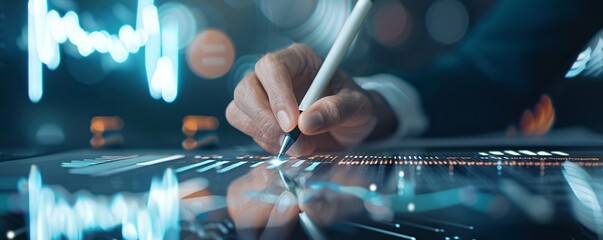 Poster - Close-up of an advisor using a stylus on a digital investment portfolio, symbolizing modern planning and expertise, with generous copyspace.