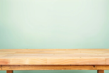 Poster - Wooden table top with a pastel blue background for a product display presentation concept, an empty and clean wood board on a color wall minimalism background 