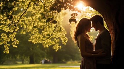 couple embracing under a tree in a sunlit park, their smiles reflecting pure joy and love