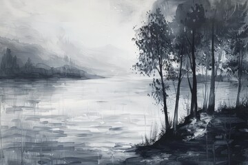 Canvas Print - Monochromatic artwork depicting a lake with varied shades of grey, capturing the tranquil reflection of the scenery, Create a serene landscape with shades of grey in the background