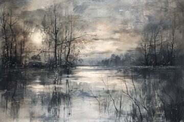 Canvas Print - A painting displaying a lake with trees in the background, depicted in shades of grey, Create a serene landscape with shades of grey in the background