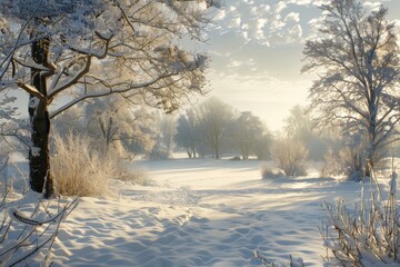 Canvas Print - A winter scene showing a field covered in snow with trees and bushes, Create a serene winter landscape with hints of holiday cheer for Boxing Day