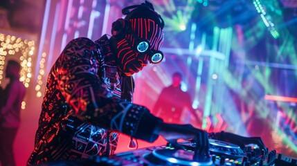 Poster - A DJ wearing a glowing neon face mask mixes music at a party with colorful lights and a crowd in the background.