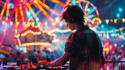 Aufkleber - A DJ in headphones mixes music at a night carnival. The DJ is wearing a plaid shirt and facing the left, while lights from a Ferris wheel and other rides create a colorful backdrop.
