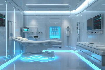 Poster - A sleek medical room illuminated by neon lights, showcasing advanced technology and modern design, Create a sleek, minimalist design with glowing panels and advanced medical equipment