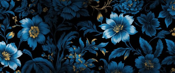 Wall Mural - blue floral cloth fabric on plain black background for banner with copy space