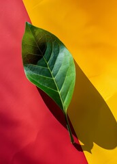 Wall Mural - Composition of a paperplant leaf on a red and pastel yellow background.