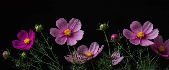 Wall Mural - branch with cosmos flowers on plain black background for banner with copy space