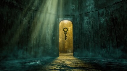 Wall Mural - A dark, misty room with an open door illuminated by yellow light, highlighting a large, suspended key silhouette in the doorway.