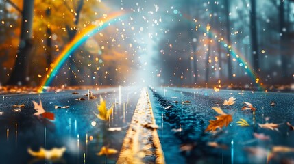 Sticker - Vibrant Rainbows Cascading Across a Tranquil Autumn Road