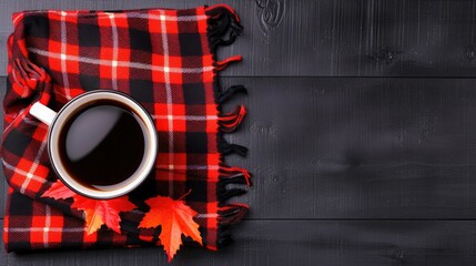 Wall Mural - Autumnal Comfort: A Cup of Coffee on a Plaid Blanket