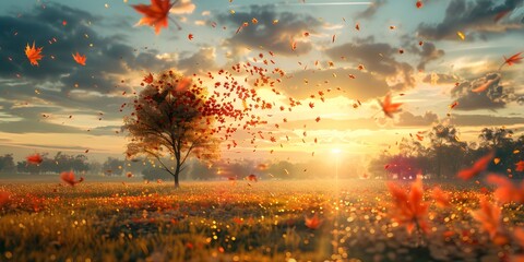 Sticker - Autumn Sunset with Falling Leaves 3D Render