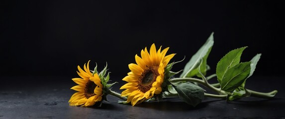 Wall Mural - branch with sunflower flowers on plain black background for banner with copy space