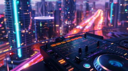Poster - A DJ mixer sits on a rooftop overlooking a cityscape at night. The city lights create a colorful and vibrant backdrop.