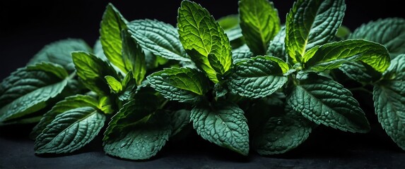 Poster - bunch of mint leaves on plain black background for banner with copy space