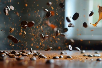 Sticker - Roasted coffee beans falling on a wooden table with coffee powder