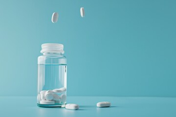 There are white medical pills in a transparent glass bottle