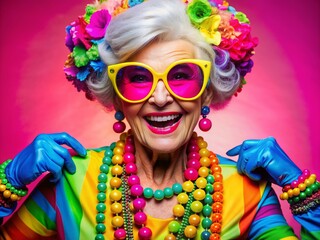 Vibrant studio background featuring a colorful neon outfit, funky sunglasses, and elaborate accessories, evoking the playful personality of a trendy senior woman.