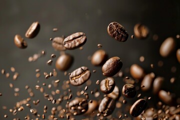 Sticker - Roasted coffee beans suspended in mid air, creating a dynamic and aromatic scene