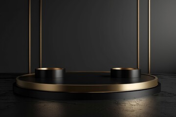 Poster - Gold black podium luxury 3d stage presentation for presenting a product background display with an empty marble pedestal backdrop for the studio or use as a premium award display for cosmetic sales.