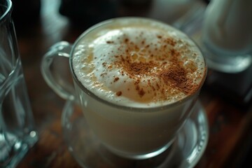 Wall Mural - Cappuccino topped with foamy milk and cinnamon powder sits on a wooden table in a cafe