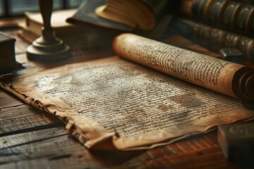 Poster - An aged book lies still on a wooden table, showing signs of wear and history, Create a visual interpretation of the Preamble to the Indian Constitution for Republic Day