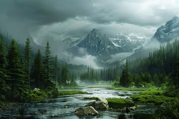 Canvas Print - A river flows through a dense green forest filled with vibrant foliage and tall trees, Create a visual journey through changing climates and terrains