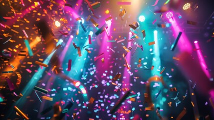 Poster - Confetti falls from the ceiling of a nightclub. The room is lit with blue and pink spotlights and a haze of smoke.