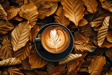 Canvas Print - Cup of coffee with latte art is standing on a saucer on a bed of dry autumn leaves