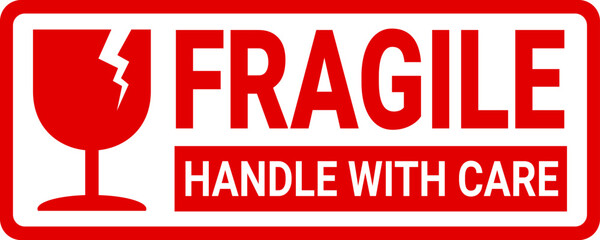 Wall Mural - sticker fragile handle with care, red fragile warning label with broken glass symbol