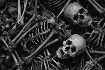 Bones. Halloween Horror Concept with Human Skeleton in Pile of Bones