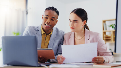 Aufkleber - Laptop, diversity and business people collaboration, communication or teamwork on work flow analysis. Notebook planner, discussion talk and black man, woman or team cooperation on research statistics
