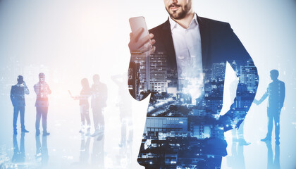 Poster - Headless young man with smartphone and crowd on blurry night city background. Success and teamwork concept. Double exposure.