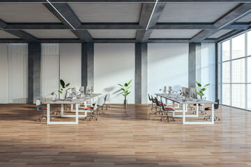 Poster - Contemporary spacious concrete coworking office interior with wooden flooring, furniture, panoramic windows and daylight. 3D Rendering.