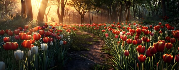 Sticker - Enchanted Meadow Path with Red & White Tulips at Sunset